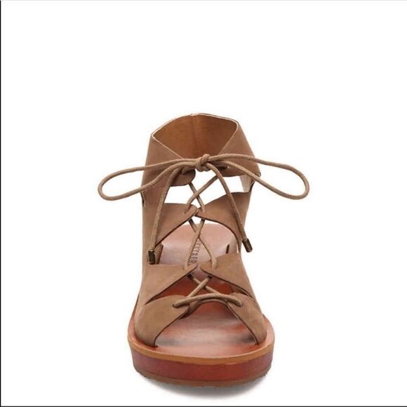 Lucky Brand Hipsta Open Toe Leather Wedge Sandals Tan Brown Size 7.5 - Picture 2 of 11